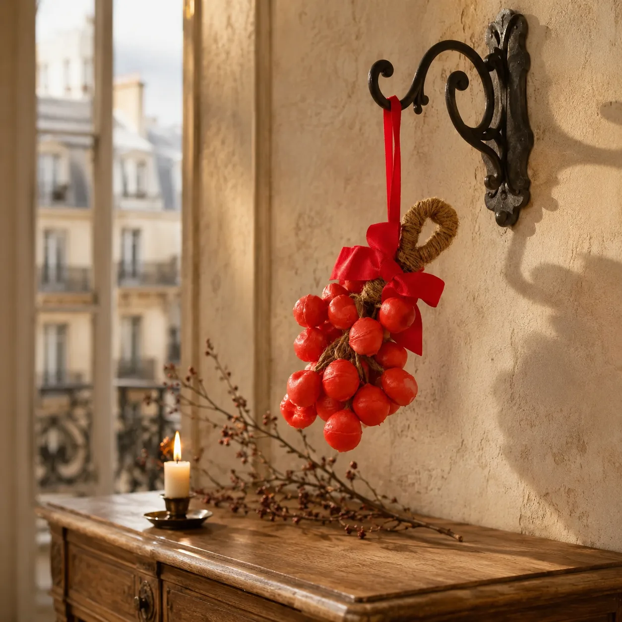Bougie grappe de baies — rouge, nœud satin