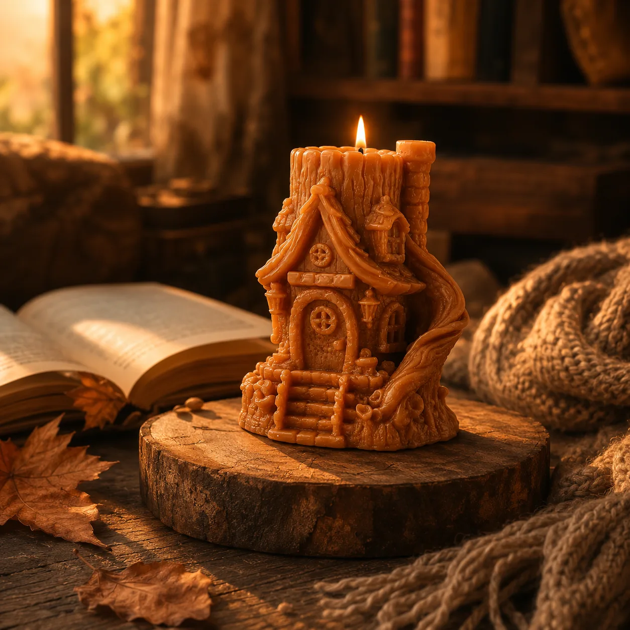Bougie chaumière enchantée — maison dans l'arbre caramel