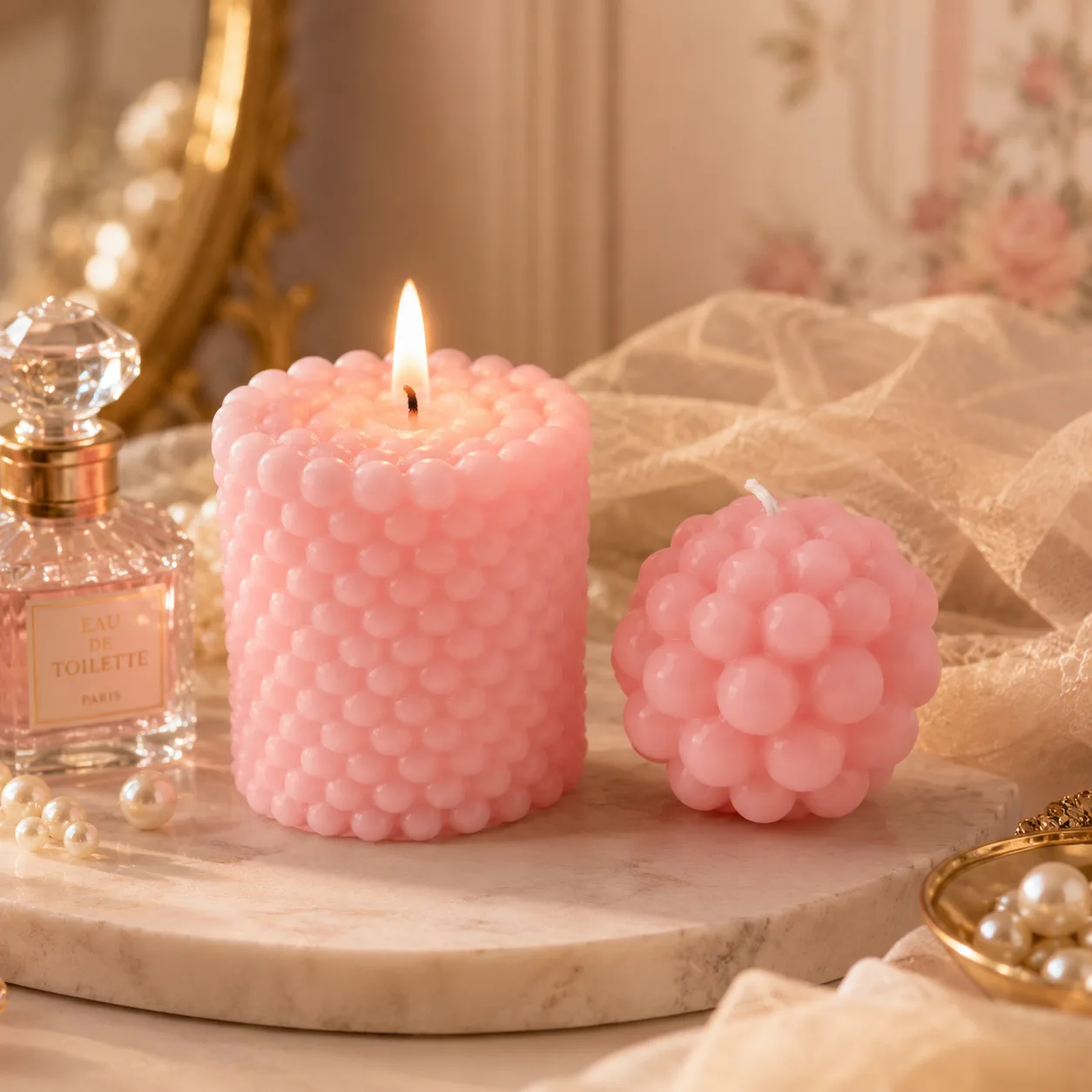 Duo de bougies perlées rose — pilier & boule à bulles