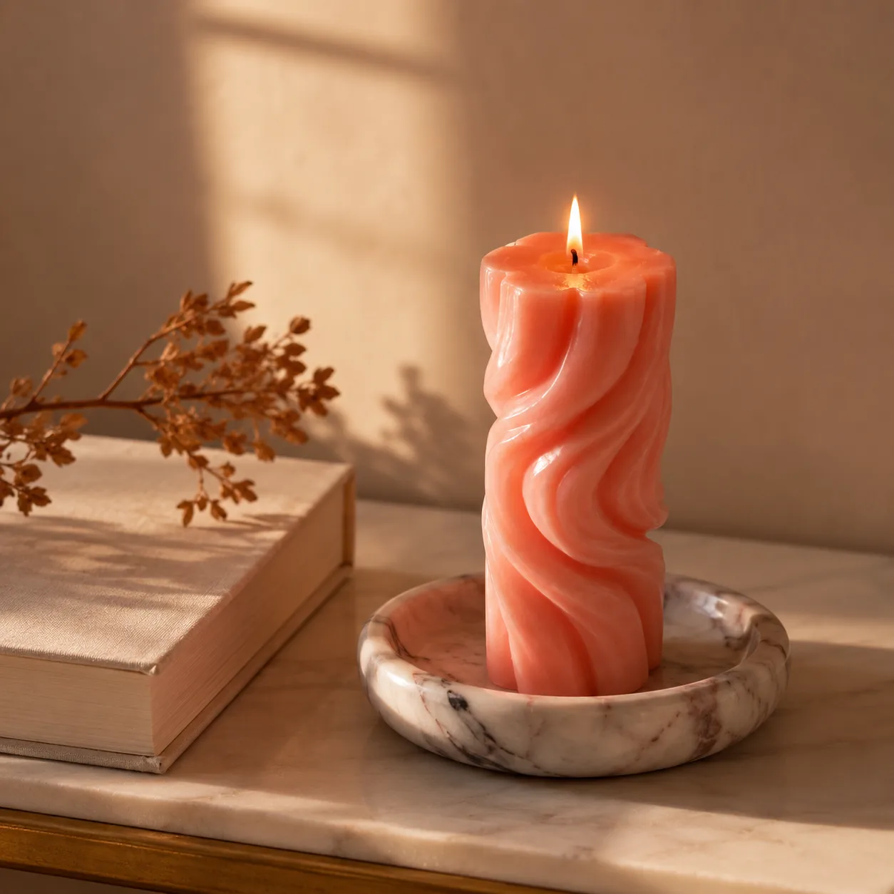Bougie pilier torsadé — drapé rose corail