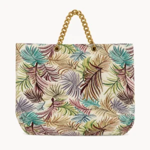 Cabas en toile à feuillage tropical multicolore, anse chaîne dorée