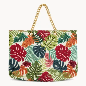 Cabas en toile à feuilles de monstera vertes et rouges, anse chaîne dorée
