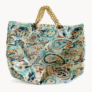 Cabas en toile imprimée paisley bleu et vert à anse chaîne dorée