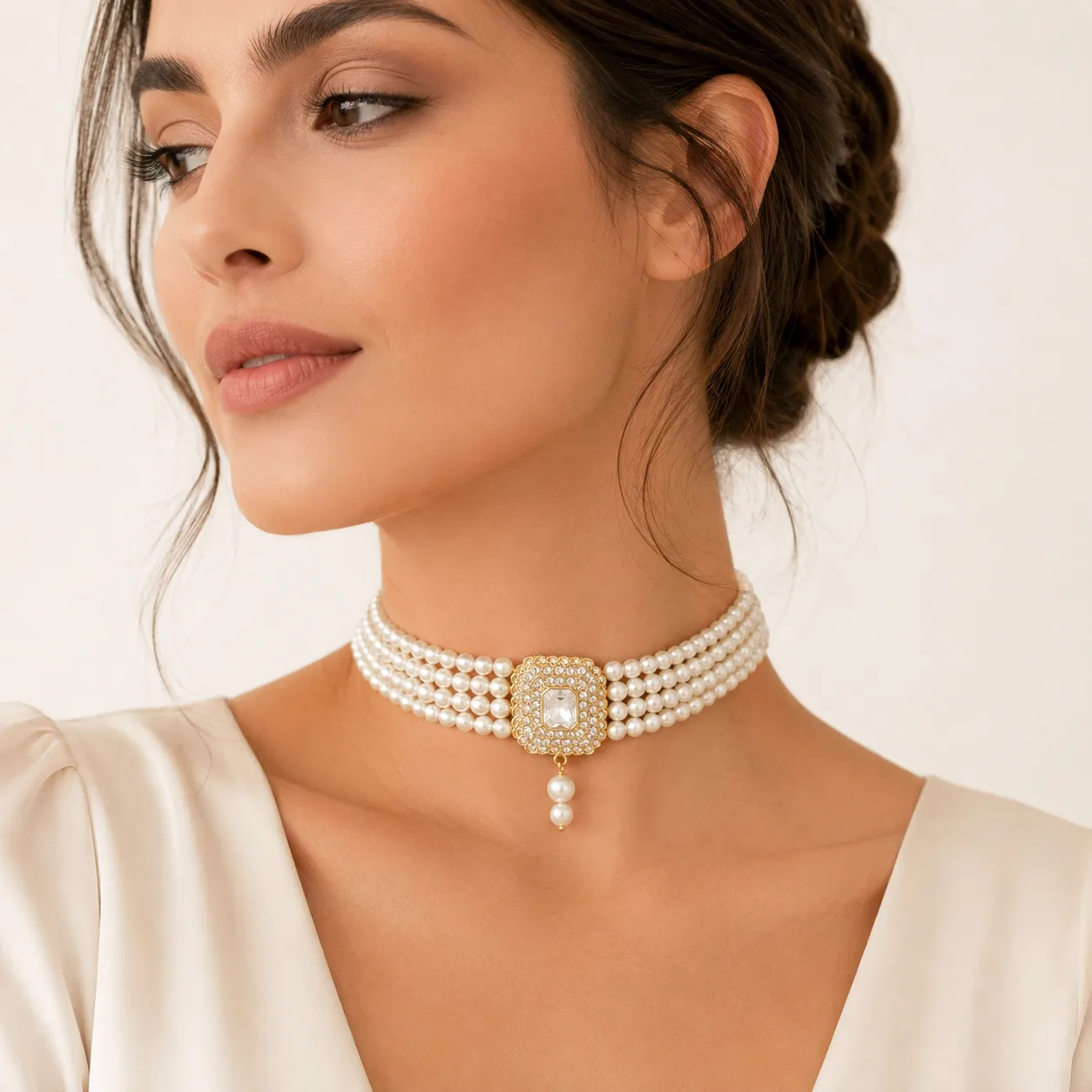 Choker 4 rangs — perles & pièce de cristal