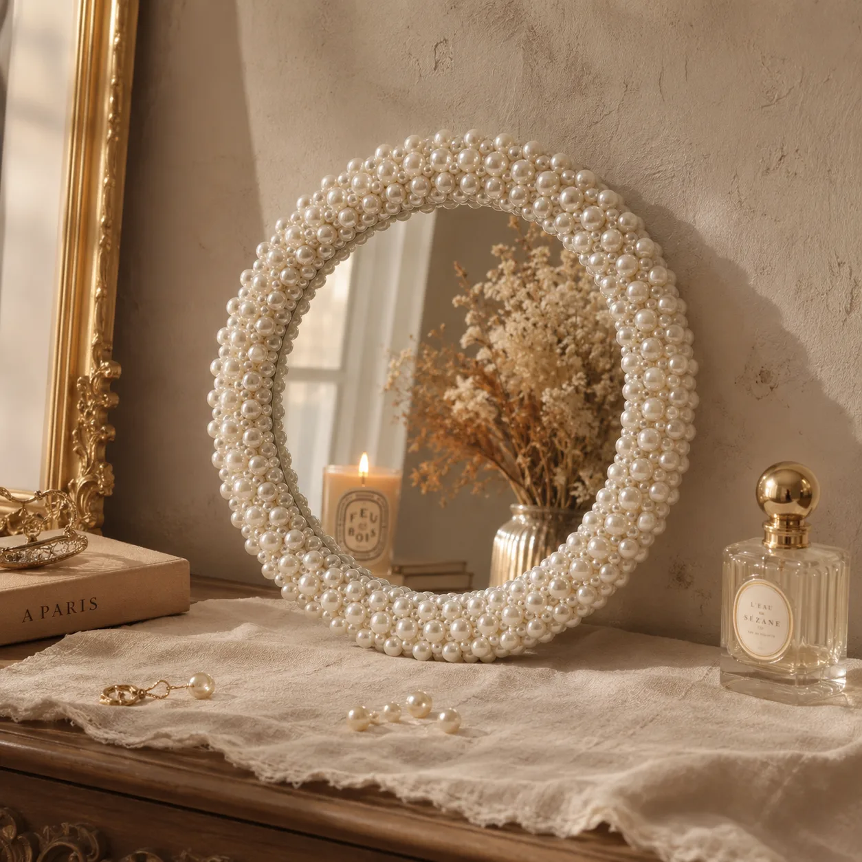 Miroir rond orné de perles