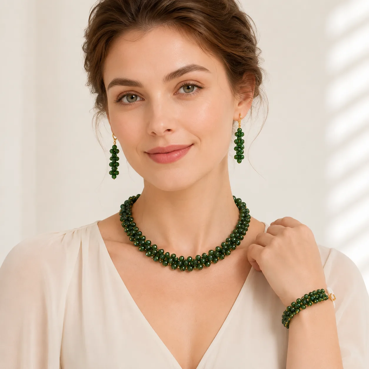 Parure cristal vert — collier, bracelet & boucles