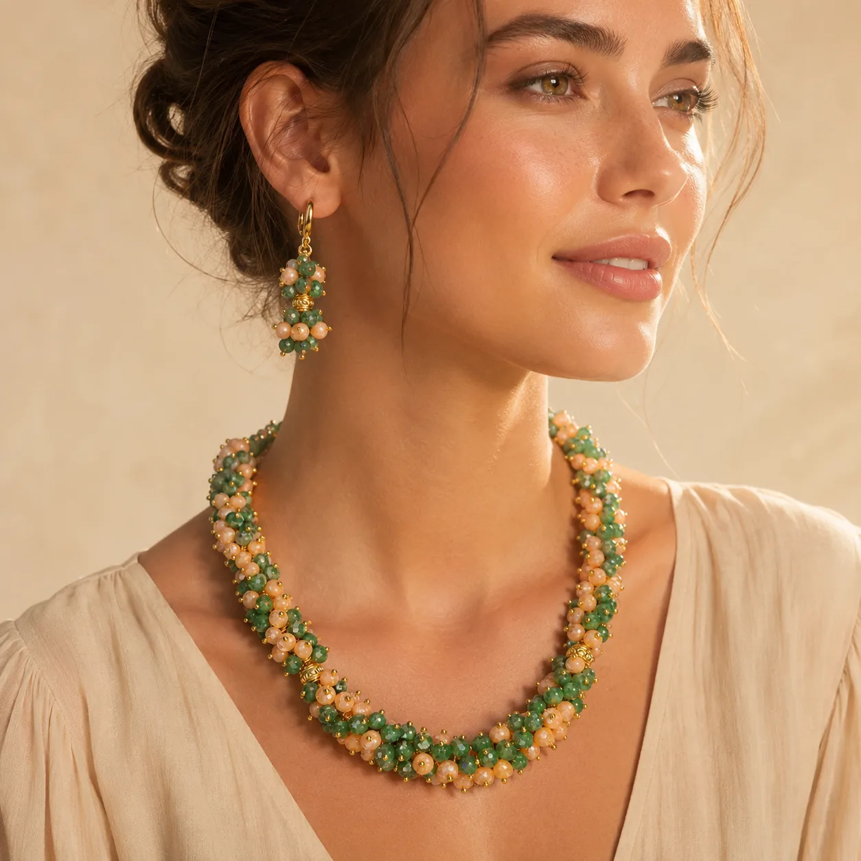 Parure cristal vert & pêche — collier grappe, bracelet & boucles
