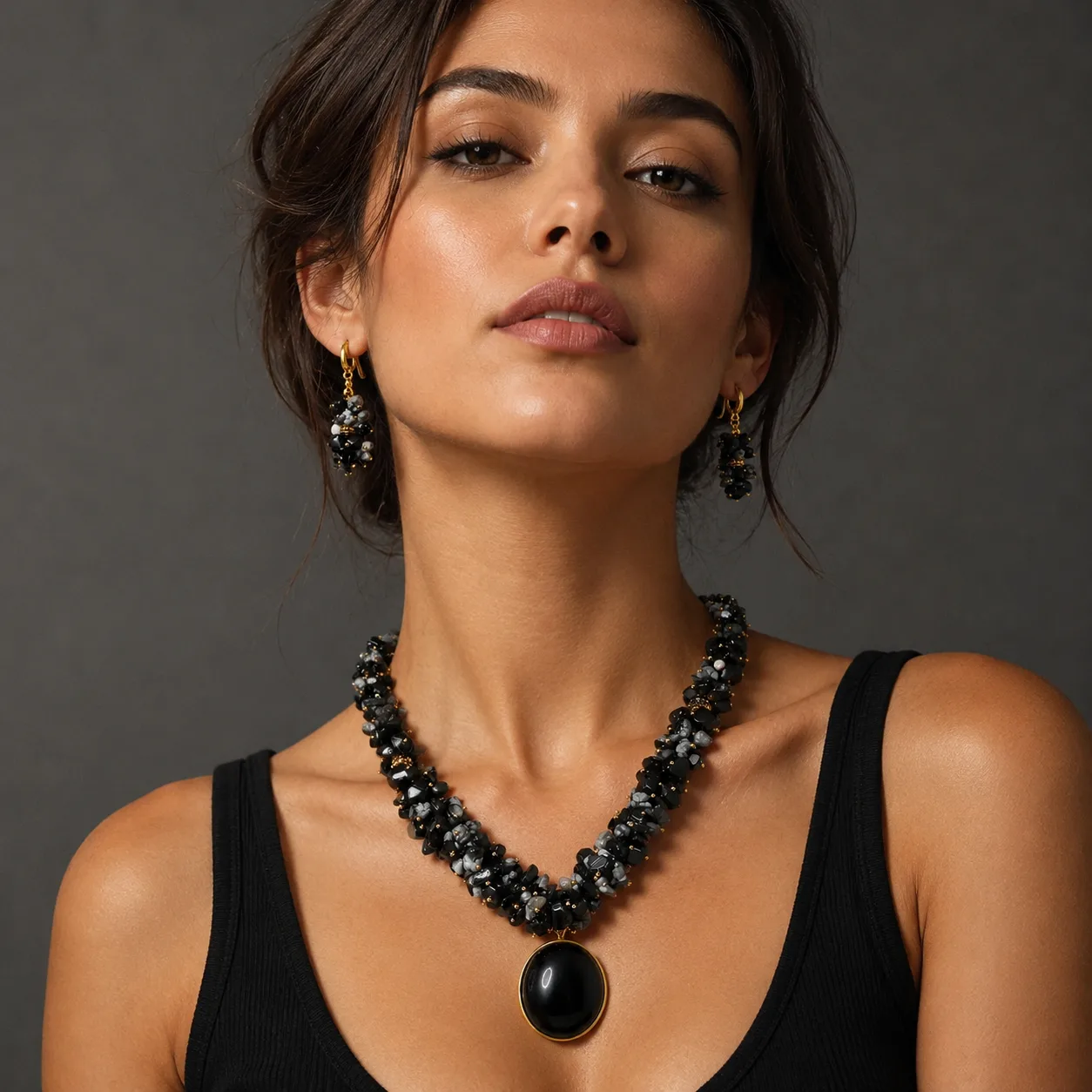 Parure jaspe noir — pendentif acier inoxydable
