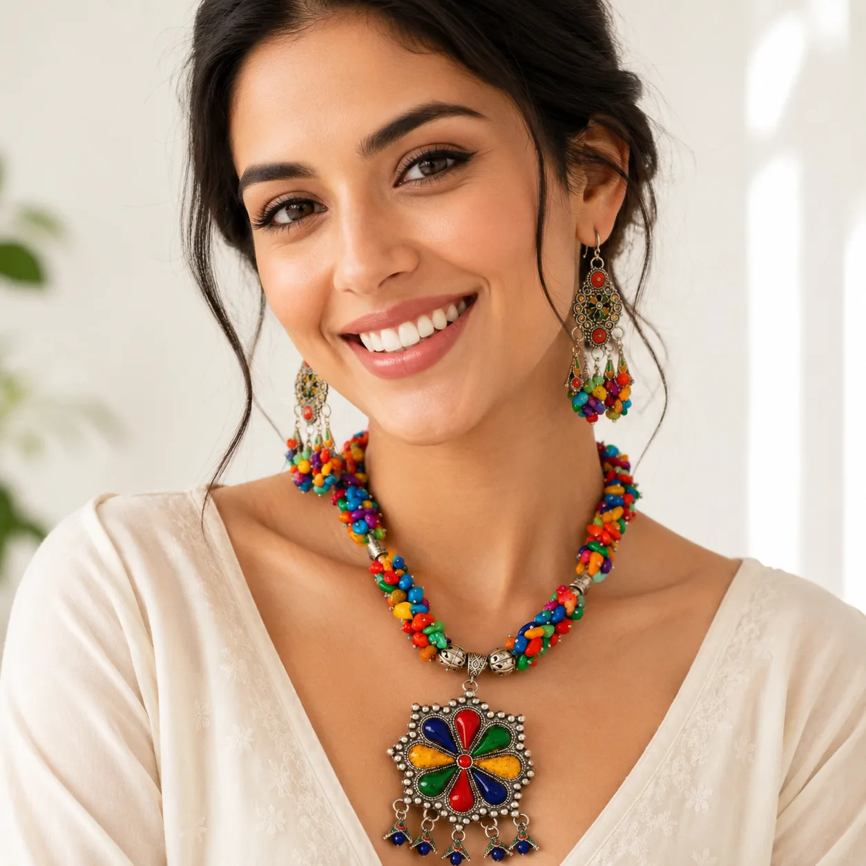 Parure pierres multicolores & pendentif émaillé