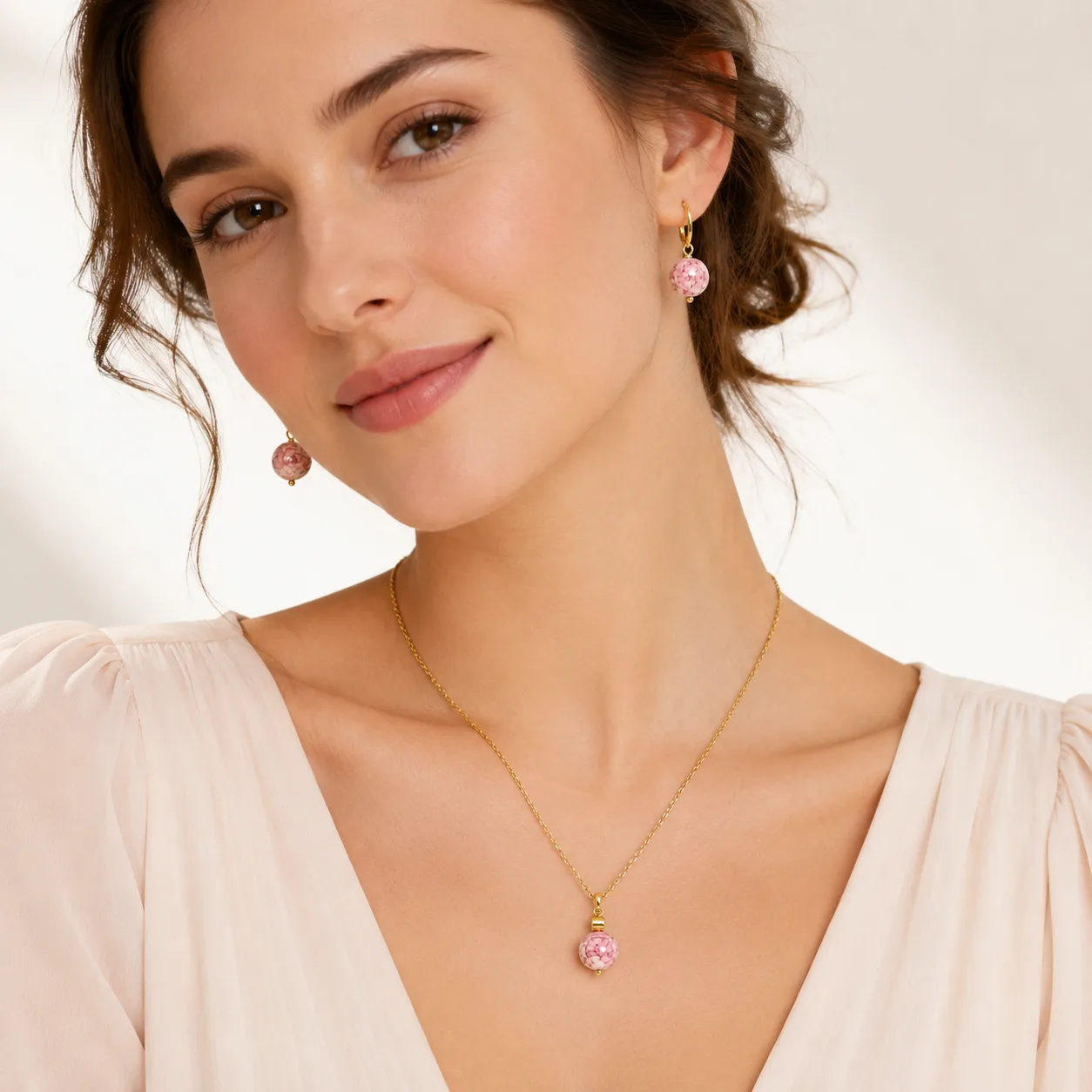 Parure quartz rose — collier + boucles