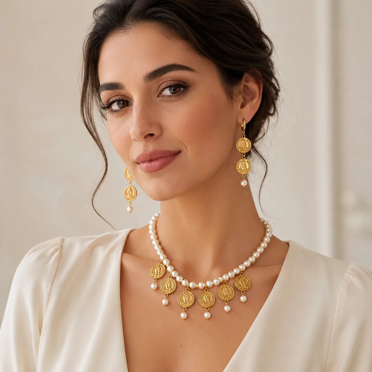 Parure perles blanches & médaillons pendants