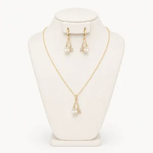 Parure collier et boucles en perles nacrées, pendentif goutte doré