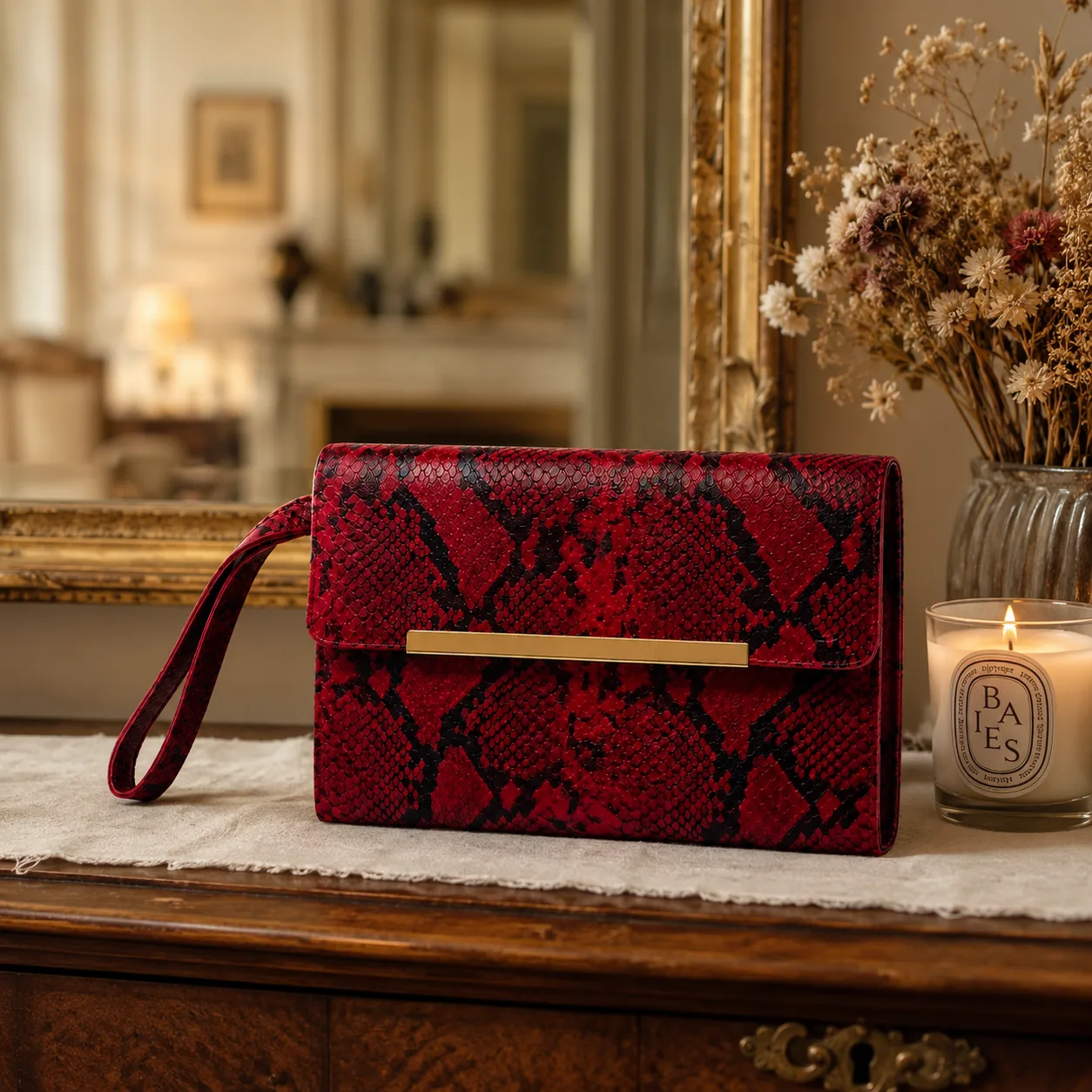 Pochette effet python à dragonne — rouge