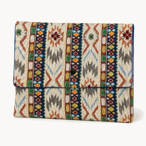 Pochette en jacquard à motif aztèque beige et multicolore, rabat