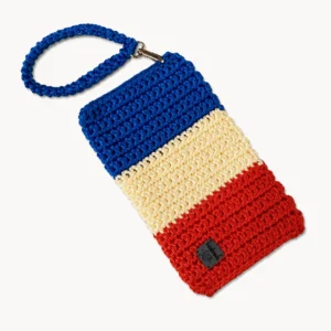 Pochette téléphone au crochet à rayures bleu, crème et rouge, dragonne