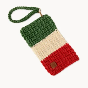 Pochette téléphone au crochet à rayures vert, crème et rouge, dragonne