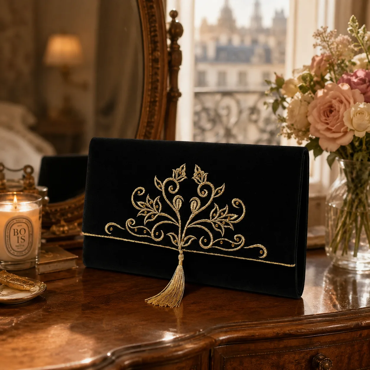 Pochette velours brodé or à pompon — noir, floral