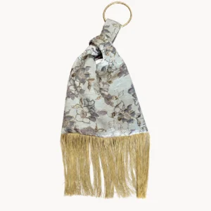 Sac nœud japonais en brocart floral gris et or à frange dorée