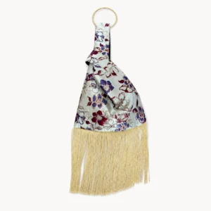 Sac nœud japonais en brocart floral prune et or à frange dorée