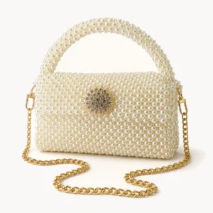 Sac perlé en perles nacrées à broche fleur en cristaux et chaîne dorée