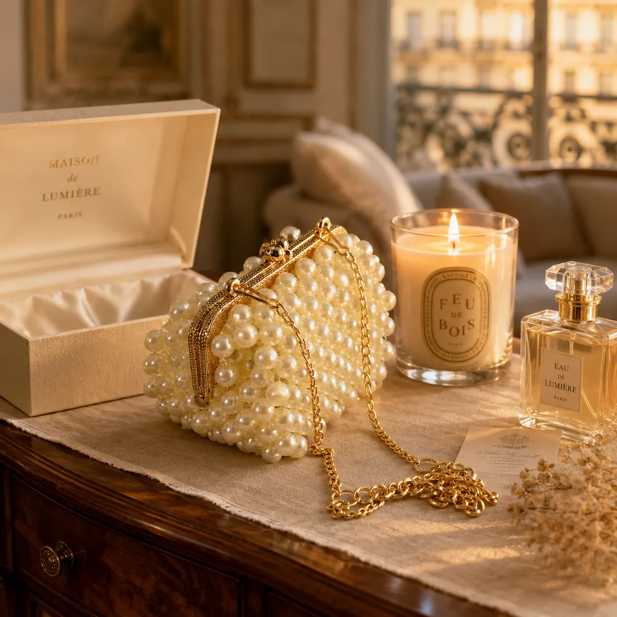 Sac perlé nacré — fermoir doré & chaîne