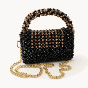 Sac perlé noir et ambre à anse perlée et chaîne dorée