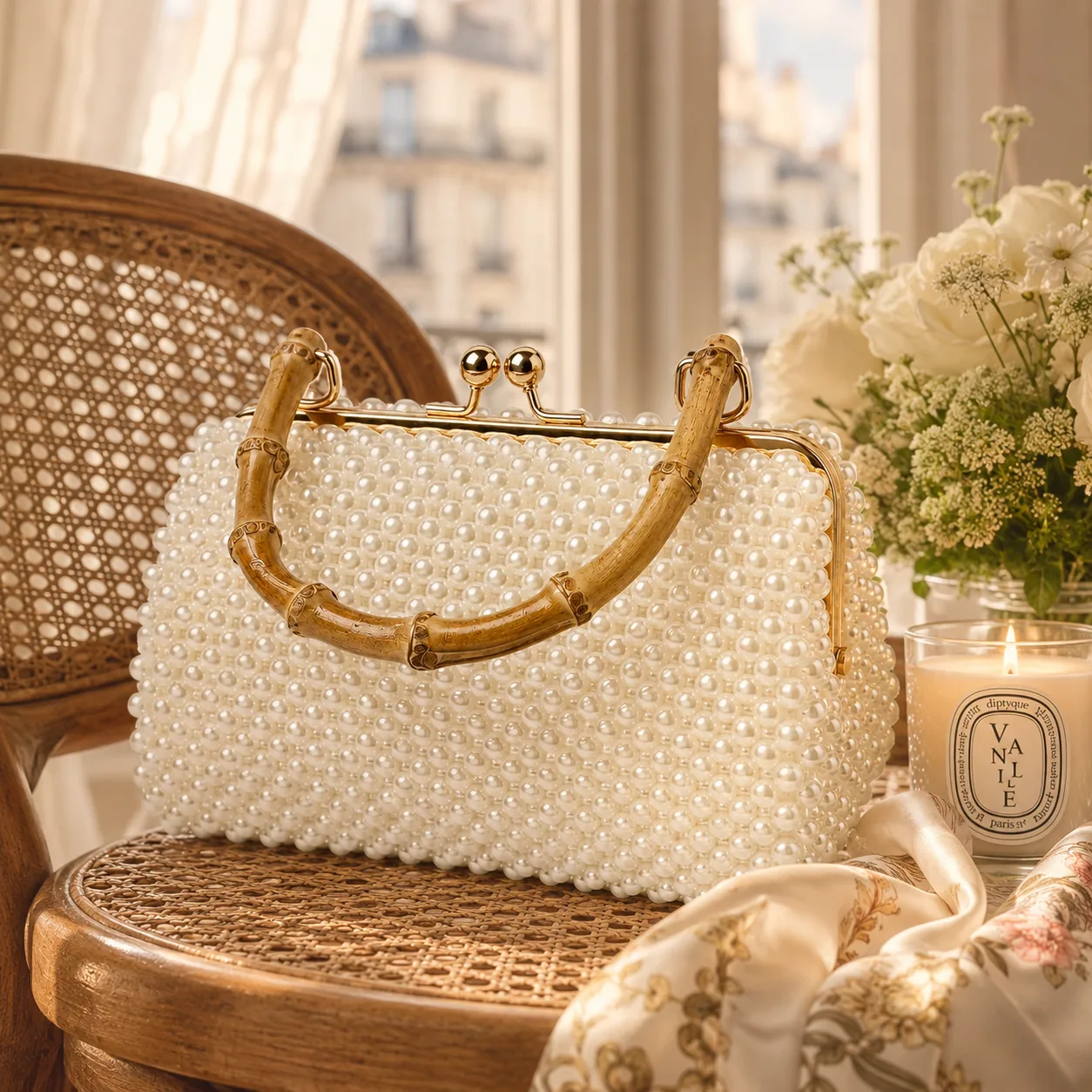 Sac perles nacrées — fermoir doré & anse bambou