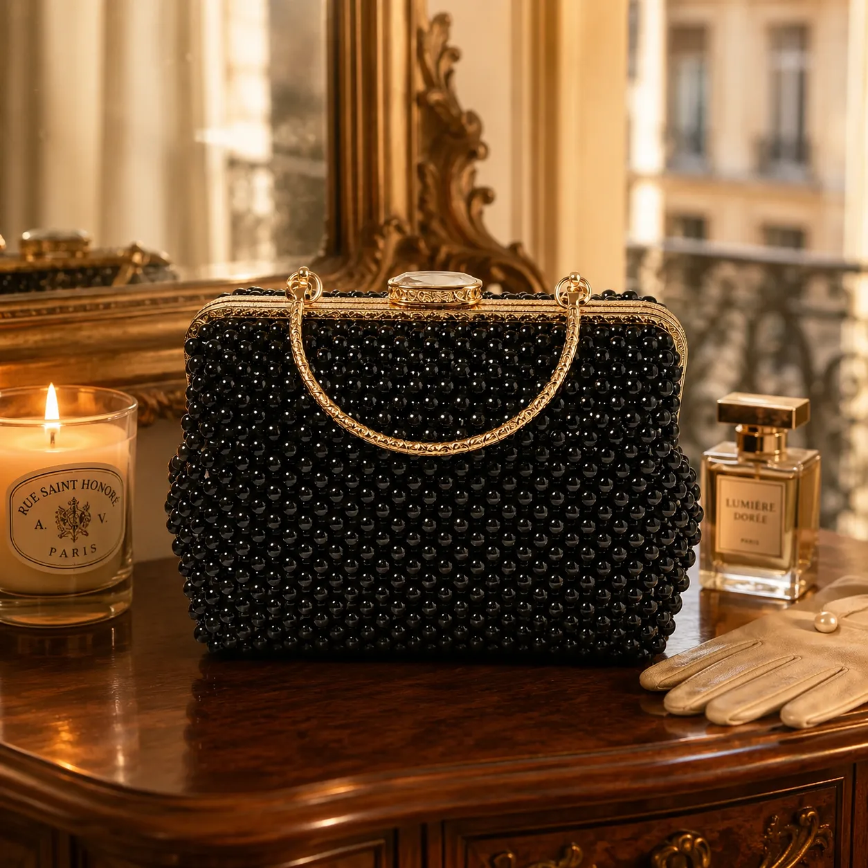 Sac perles noires — cadre & anse plaqués or
