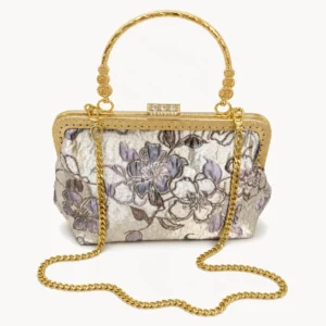 Sac de soirée en brocart floral argent et lilas, anse rigide dorée