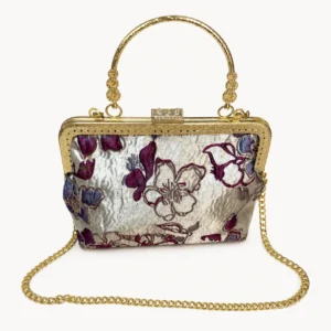 Sac de soirée en brocart floral argent et prune, anse rigide dorée