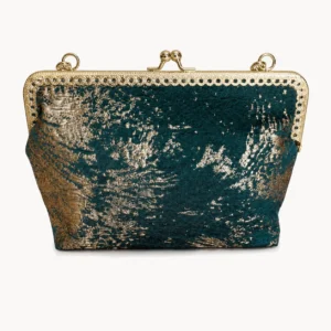 Sac de soirée métallisé vert émeraude et or, fermoir clip doré
