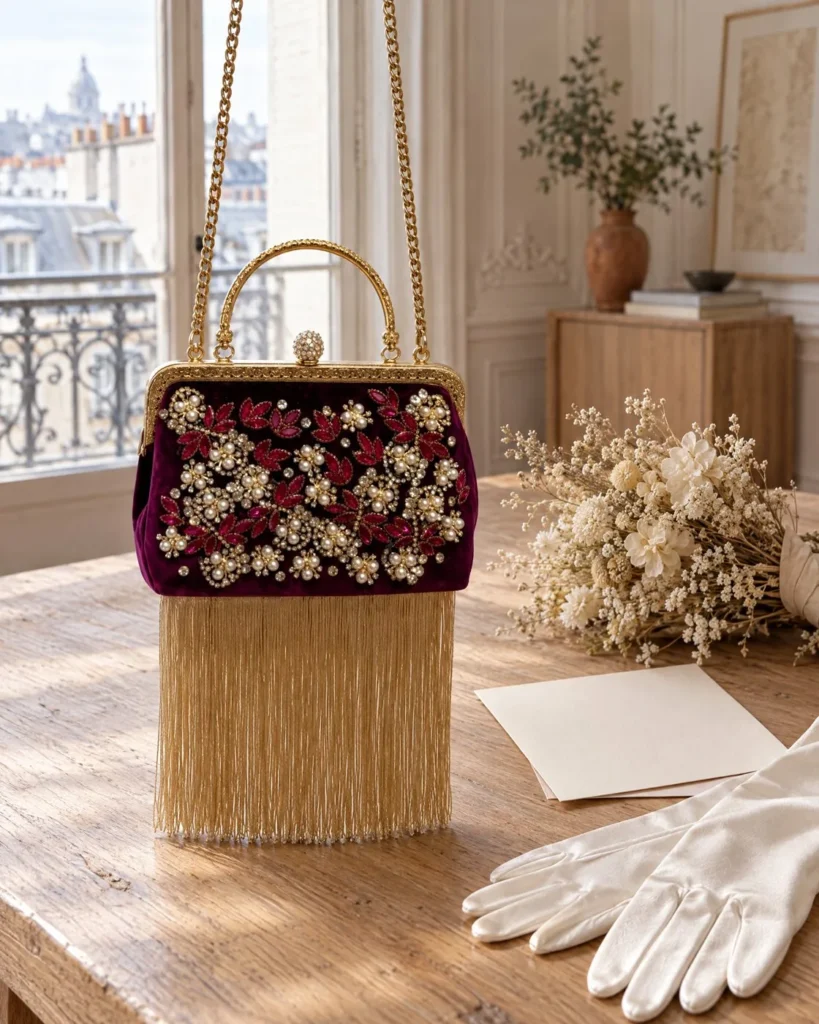The bag on the atelier table, with satin gloves and an invitation card