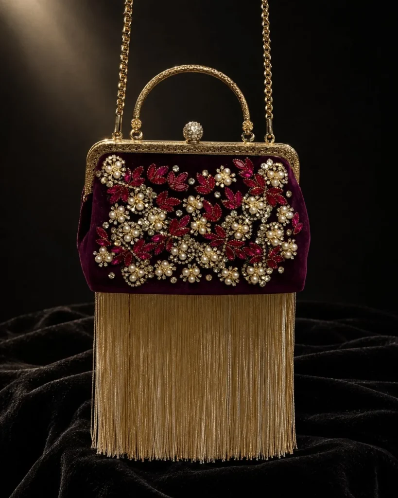The embroidered burgundy velvet bag on black velvet, beads and diamanté catching the light