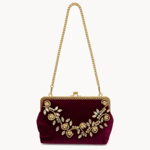 Sac de soirée en velours bordeaux à guirlande florale de cristaux, anse dorée