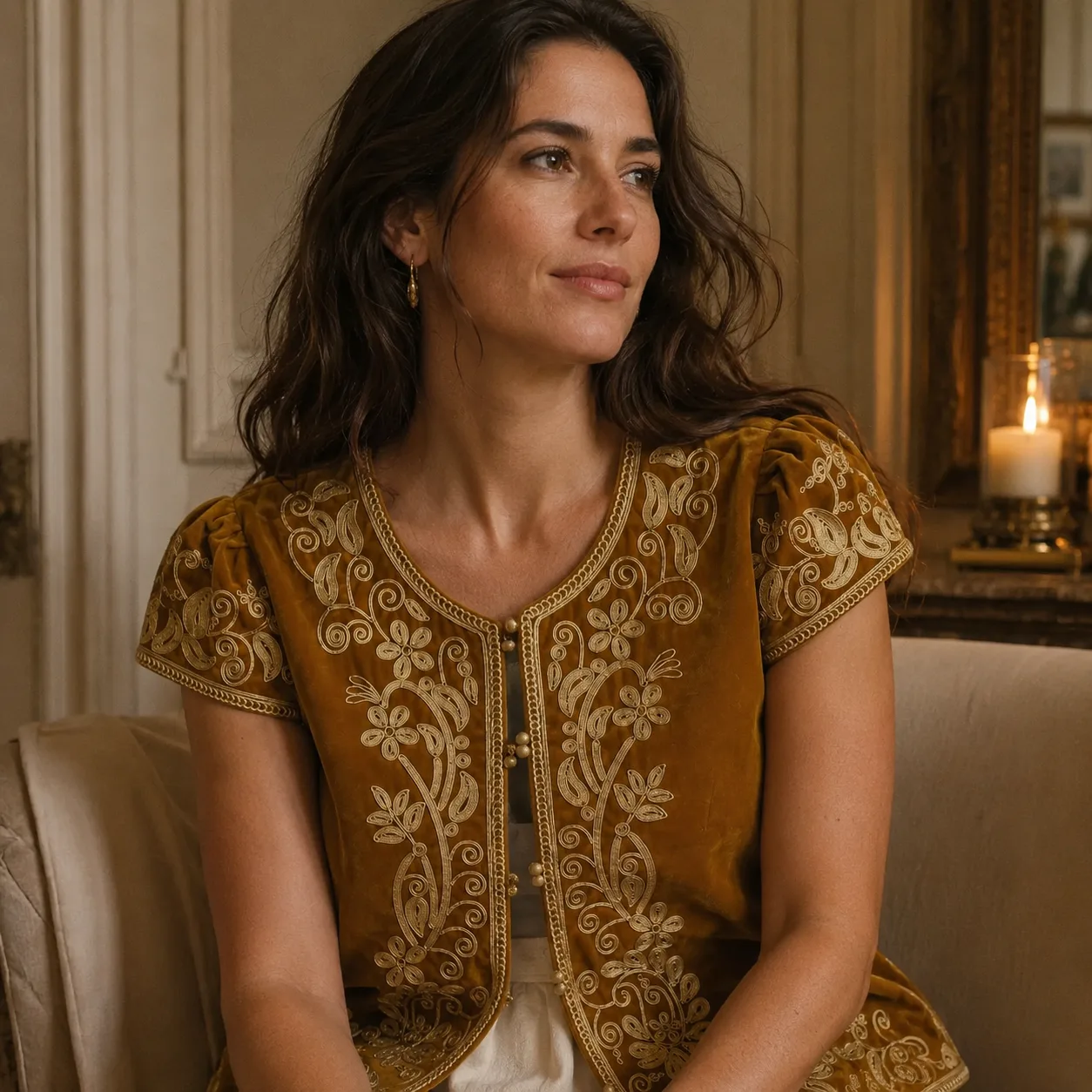 Gold-thread embroidered velvet jacket — caramel