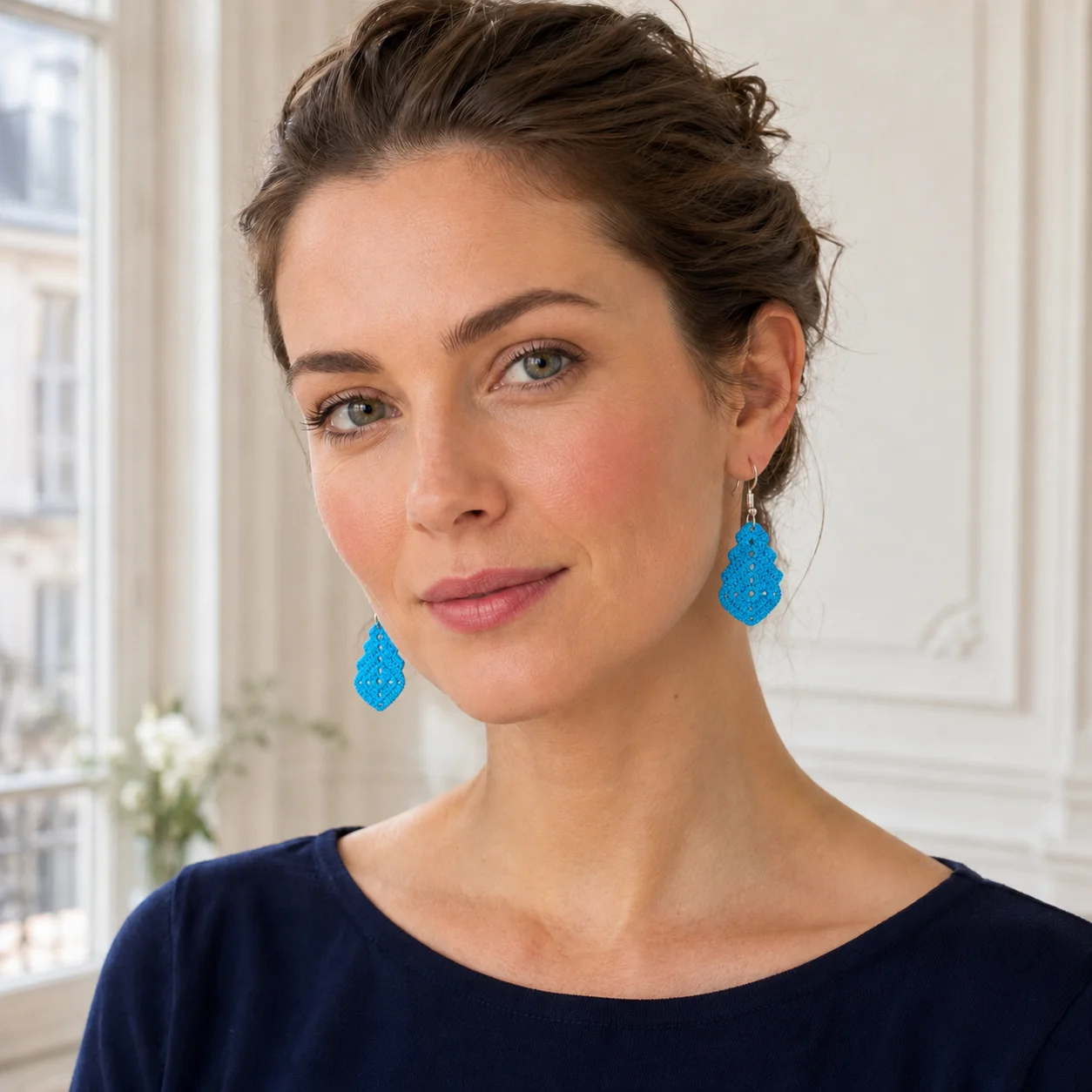 Boucles d'oreilles au crochet — feuille turquoise – Image 2