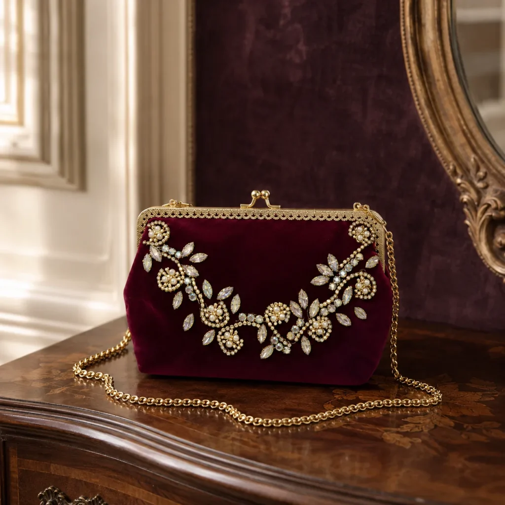 Burgundy velvet evening bag embroidered with beads and crystals, gold-tone chain