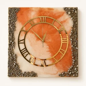 Horloge carrée en résine — marbré terracotta & chiffres romains dorés sur fond ivoire
