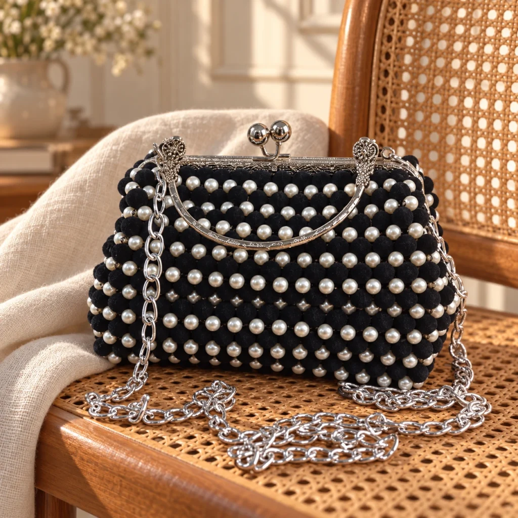 White & black beaded velvet bag — silver-tone finishes, shown in a setting