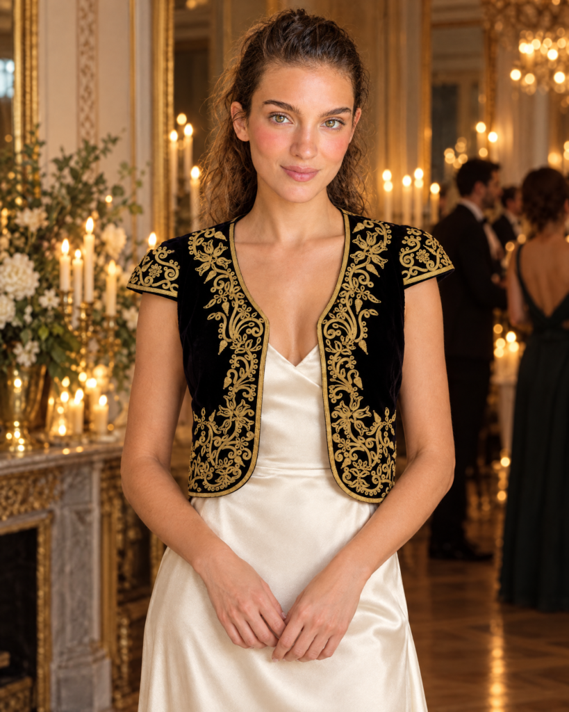 Amélie, créatrice HK Handmade, porte le boléro brodé fil d'or en velours noir sur une robe ivoire lors d'un mariage à Paris