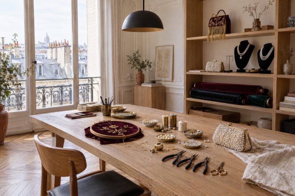 Vue d’ensemble de l’atelier de HK Handmade à Paris : grande table en chêne avec tambour de broderie au fil d’or sur velours bordeaux, coupelles de perles, pinces, rouleaux de velours et parures sur bustes devant les toits de Paris