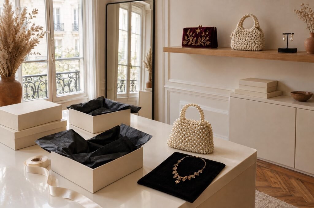 Table d’emballage de l’atelier de HK Handmade : boîtes ivoire ouvertes avec papier de soie noir, ruban de satin, sac en perles blanches et collier doré prêts à partir, devant une fenêtre parisienne