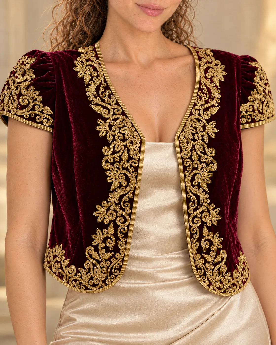 Boléro brodé fil doré — détail porté