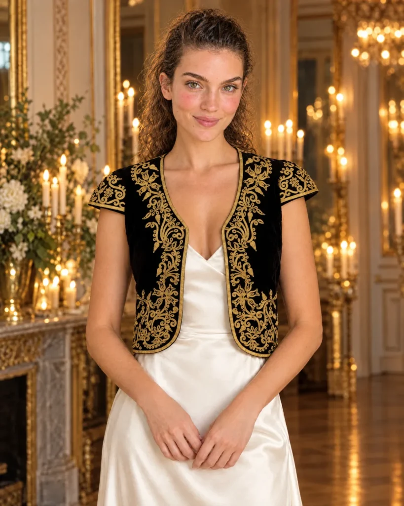 Gold-thread embroidered bolero — worn