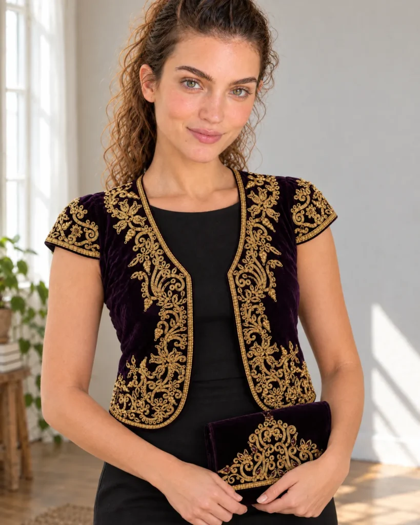 Ensemble boléro + pochette brodés or — détail porté