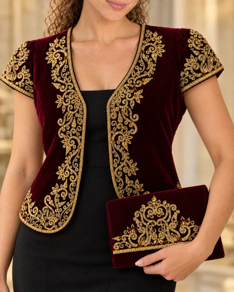 Ensemble boléro + pochette brodés or — détail porté