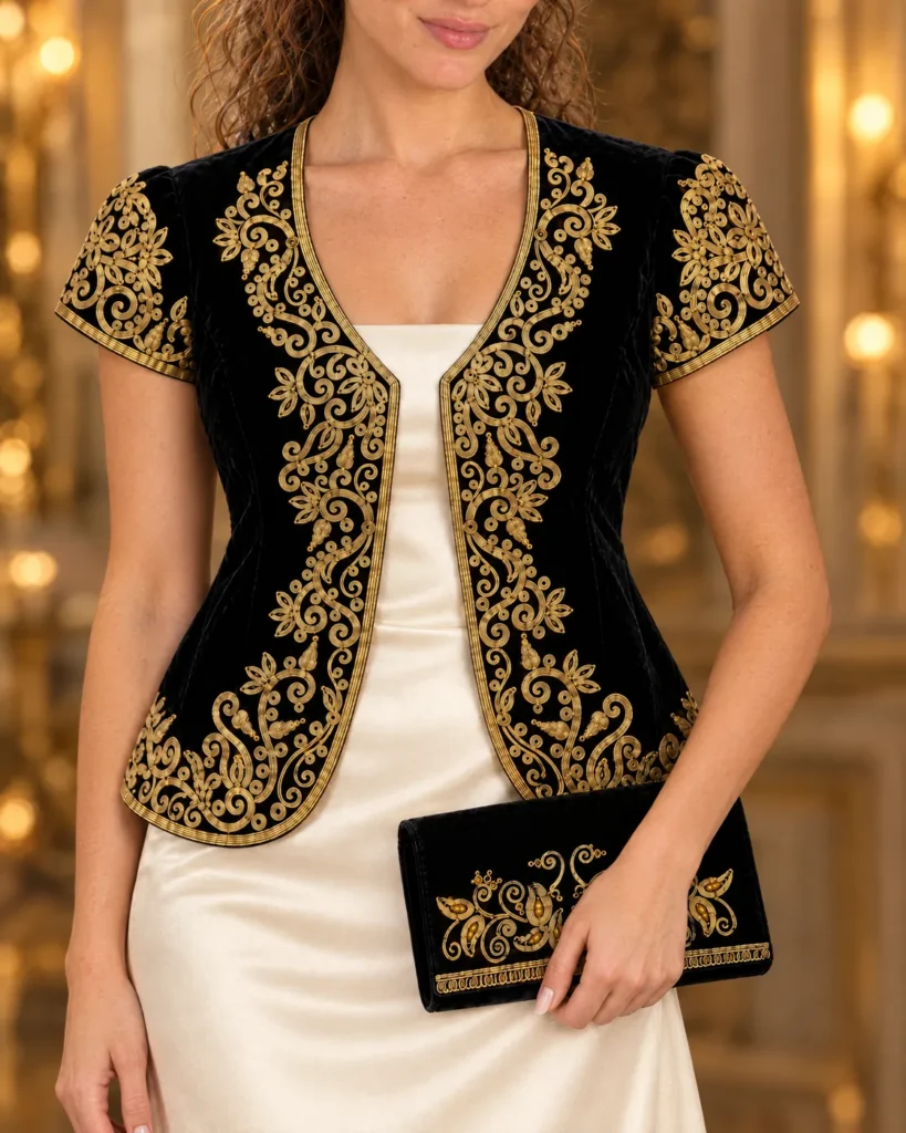 Ensemble boléro + pochette brodés or — détail porté