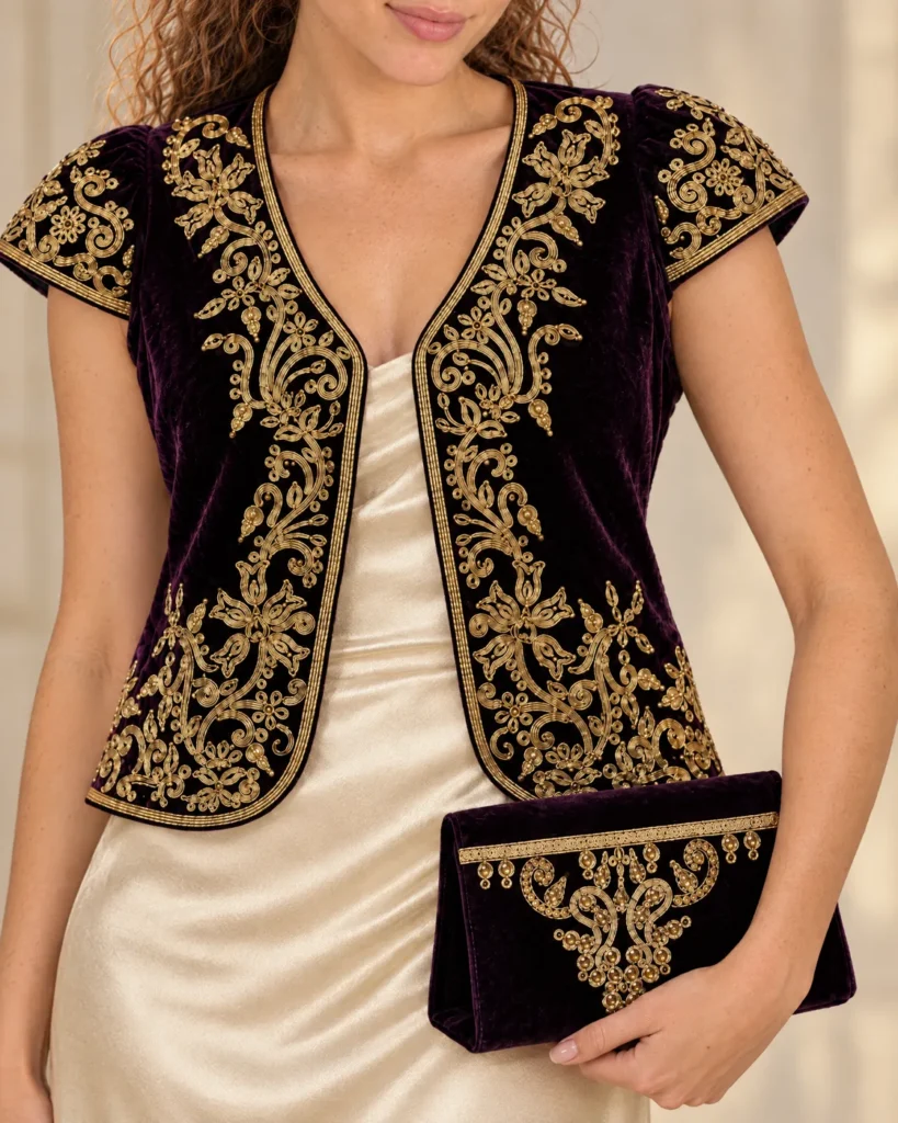 Ensemble boléro + pochette brodés or — détail porté
