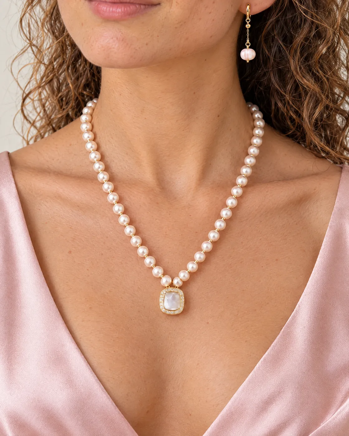 Parure perles de culture rosées — portée de près, pour la taille