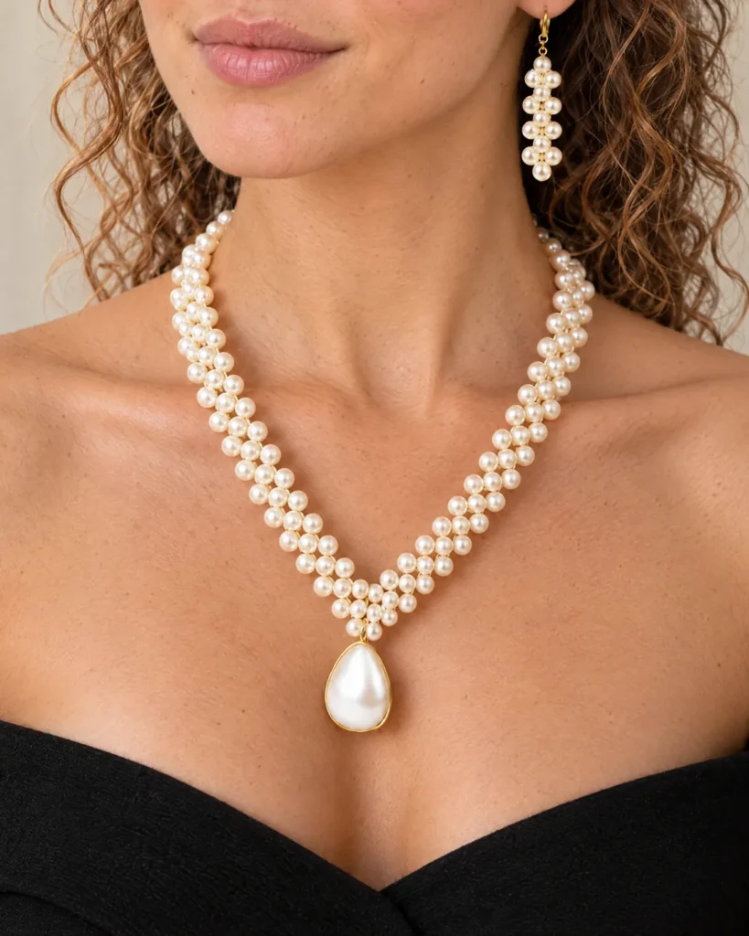 Parure perles — portée de près, pour la taille